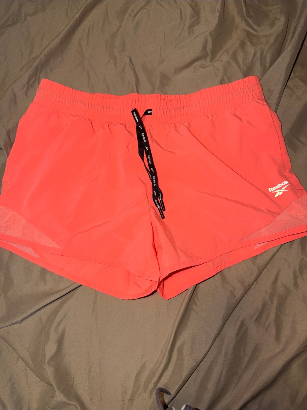 Reebok Neon Coral Workout Shorts with Black Drawstring